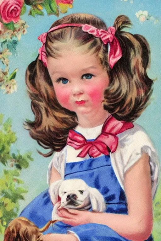 Prompt: a vintage cute girl with pigtails and puppy, beautiful colors, painted in the style Vintage greeting card, detailed