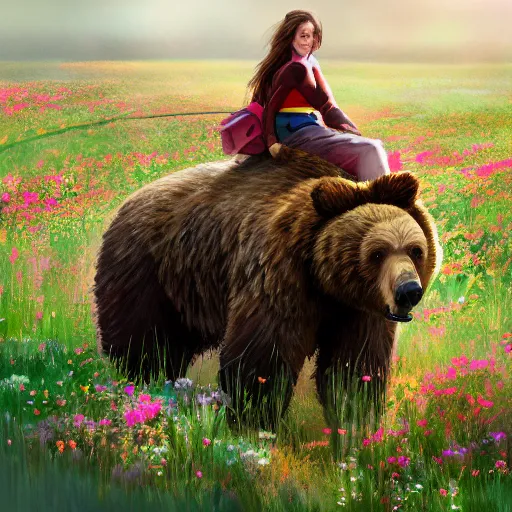 Image similar to girl riding a giant grizzly bear in a field of flowers, trending on artstation