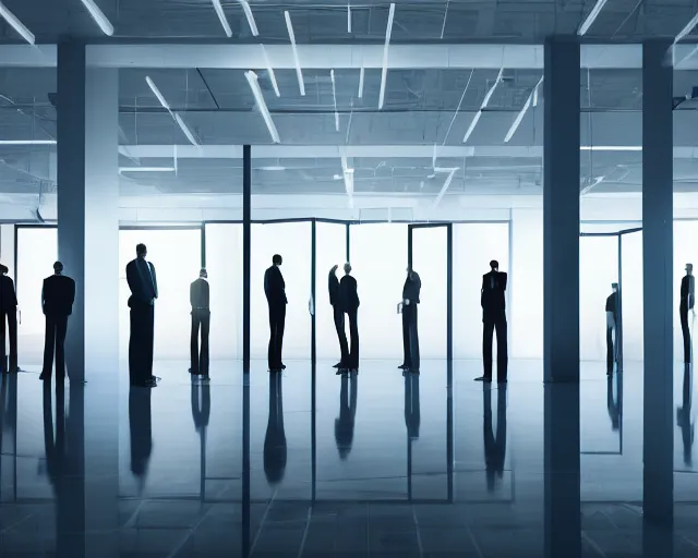 Image similar to an empty office with the lights off. all the workers are standing up, staring ahead blankly. a tall shadowy shape moves in the background. HD digital matte painting.