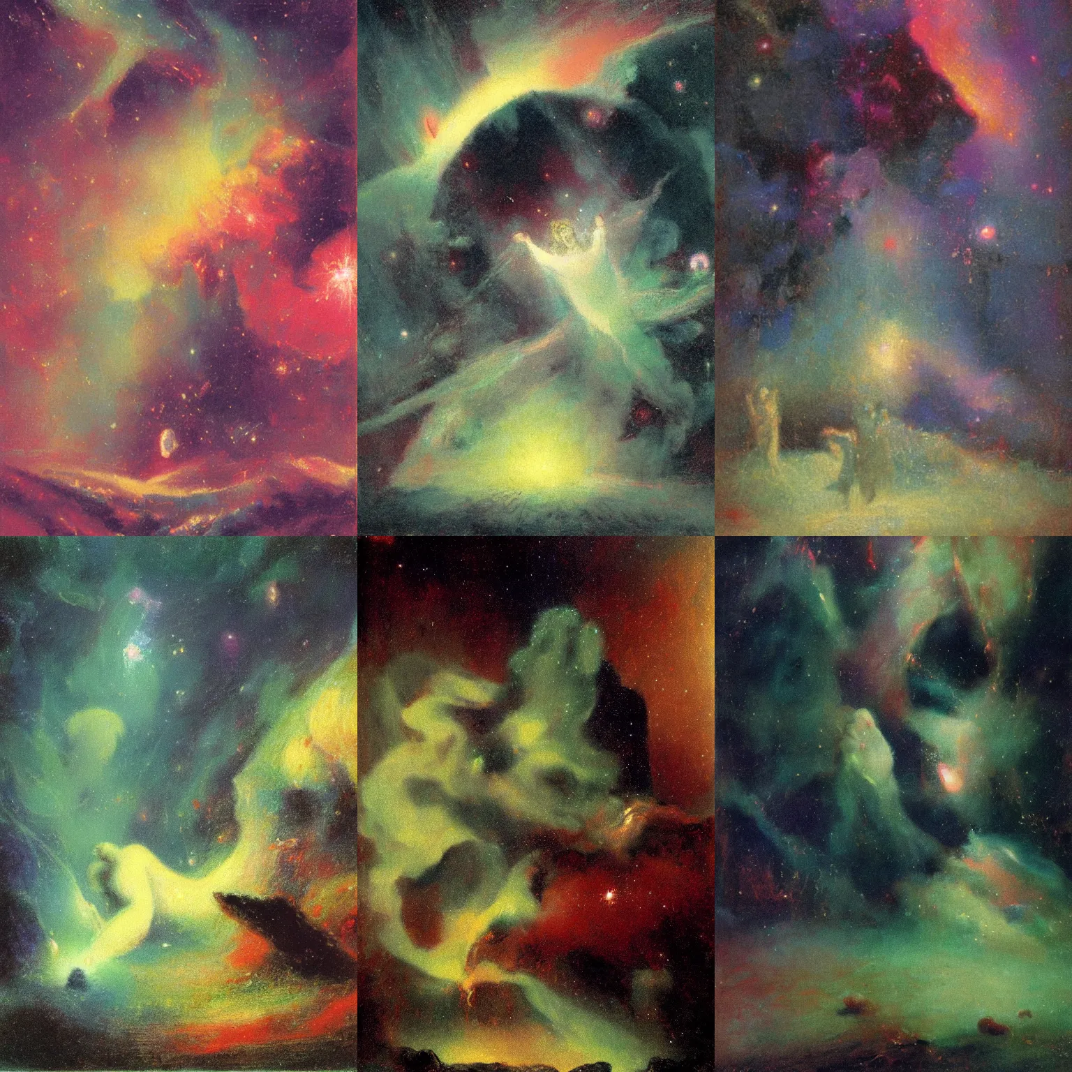 Prompt: face melting into the universe, awe, volumetric lights, nebula, by everett shinn