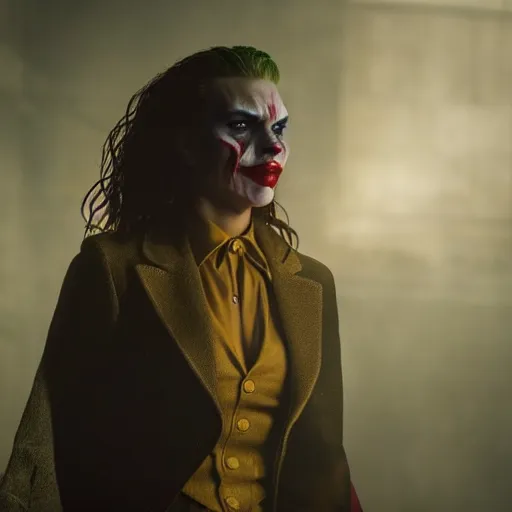 Image similar to stunning awe inspiring scarlett johansen as the joker, movie still 8 k hdr atmospheric lighting