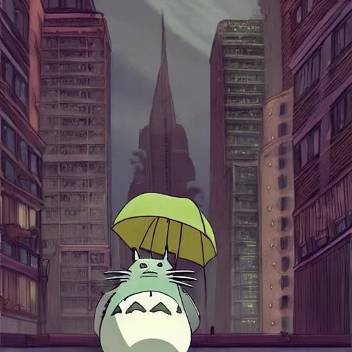 Image similar to totoro doing bussiness, tuxedo, in the big city, skyscrappers, fantasy digital art, wow, stunning, ghibli style, hight quality