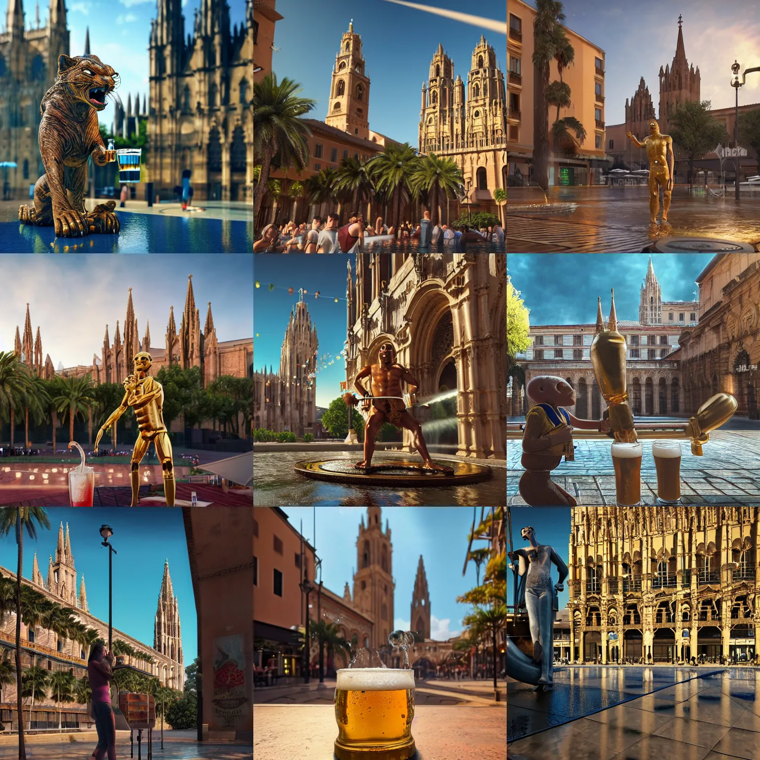 Prompt: a beautiful humanoid puma partying together with a humanoid water sprinkler dripping fresh beer in the city centrum from palma de mallorca with palma cathedral in the background, highly detailed, octane render, k, cinematic, high detail, unreal engine, 8 k, high contrast, golden ratio, trending on cgsociety