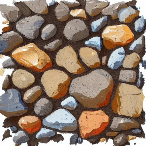 Image similar to masterpiece intricate abstract painting of hundreds of small square rocky shapes emerging in rich earthy tones. abstract quality with an engineered look. wind blown sketch lines. even light.