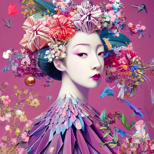 Prompt: 3 / 4 view of a beautiful girl wearing an origami dress, eye - level medium shot, fine floral ornaments in cloth and hair, hummingbirds, elegant, by eiko ishioka, givenchy, chiho aoshima, by peter mohrbacher, centered, fresh colors, origami, fashion, detailed illustration, vogue, japanese, reallusion character creator
