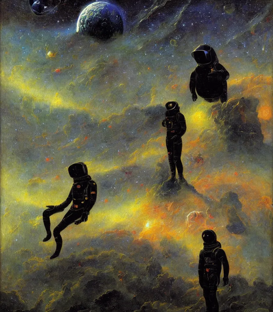 Prompt: an impasto oil painting of a futuristic astronaut with a black space suit gazing into a misty universe full of mystical colorful light nebulae and galaxie spainted by caspar david friedrich, light colors, impressionism