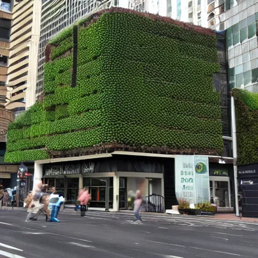 Prompt: the beehive, wellington covered in a living wall by patrick blanc