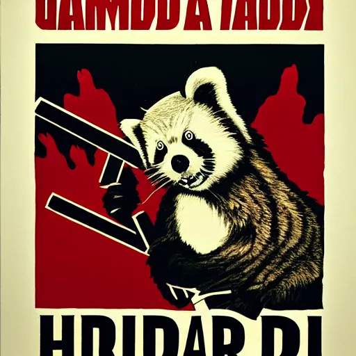 Image similar to red panda holding a rocket launcher!!! a propaganda poster!!!, stencil!!, hypnotic, historical poster, germany!!, clear view, world war, circa 1 9 3 9, stencil