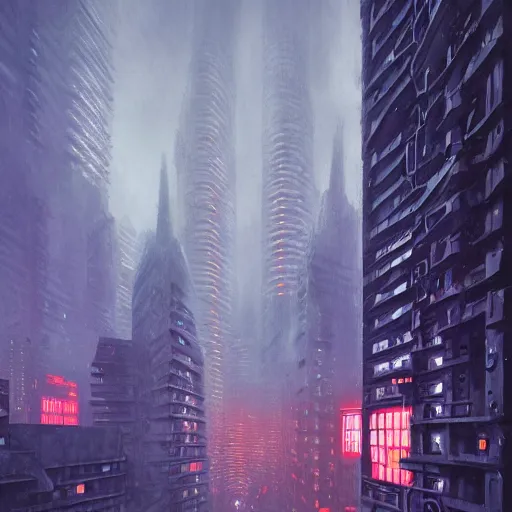 Image similar to highly detailed brutalist architecture city, with neon lights, while it's raining, stephen bliss, unreal engine, fantasy art by greg rutkowski, loish, rhads, ferdinand knab, makoto shinkai, ilya kuvshinov, rossdraws, global illumination, radiant light, detailed and intricate environment