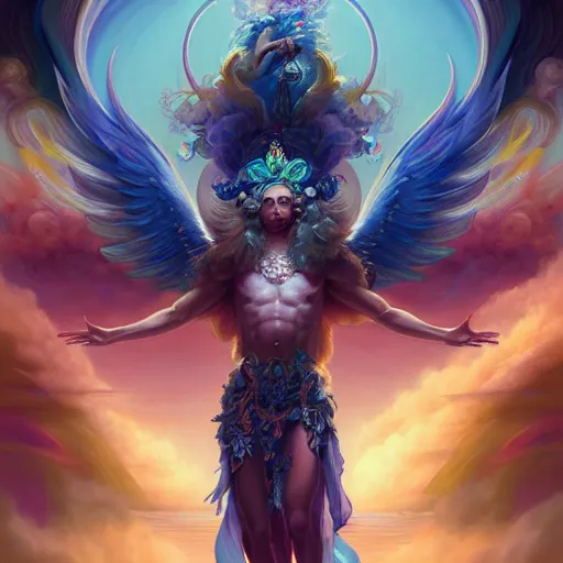 Image similar to detailed key art, concept illustration, hyper detailed painting, hyperrealist painting of an psychedelic angelic celestial being mythical creature by peter mohrbacher, by sam spratt trending on artstation, sacred geometry, esoteric art