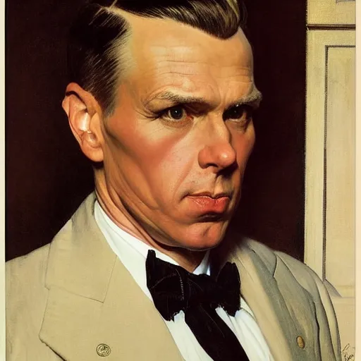 Prompt: Portrait of a stern businessman by J.C Leyendecker and Norman Rockwell, he is about 40 years old, mixture between russian and irish, side parted combover brown hair, attractive, NARROW very very very very sharp face ANGULAR hawkish facial features, hooked nose , extremely pale white skin, smart looking, he is wearing a black trenchcoat, highly detailed portrait, scifi, digital painting, artstation, concept art, smooth, sharp foccus ilustration, Artstation HQ