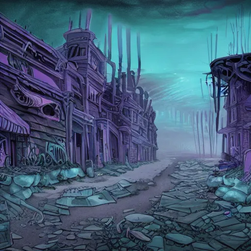 Prompt: purple magic, diseased sickness, taint infection, corruption spread, eldritch flux, wild plants, mutation, haunting desolation, post apocalyptic, abandoned city