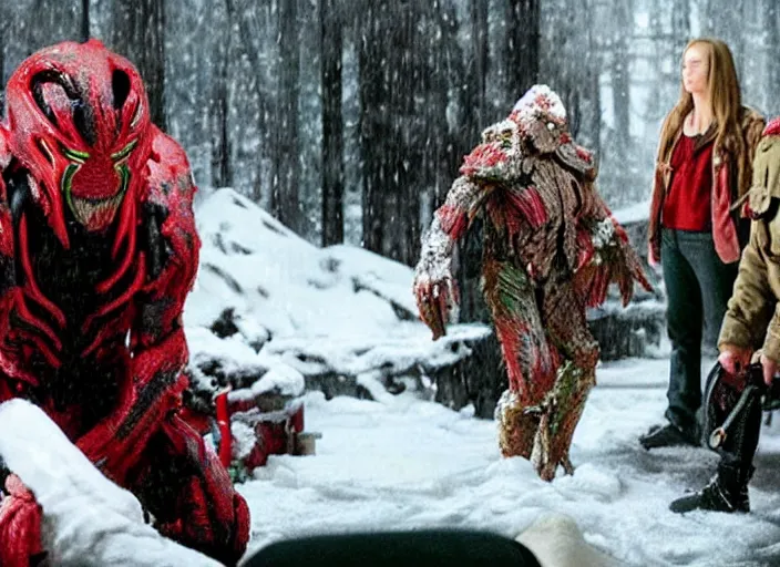 Prompt: the movie the predator starring macaulay culkin kevin mcallister home alone living room christmas vfx film