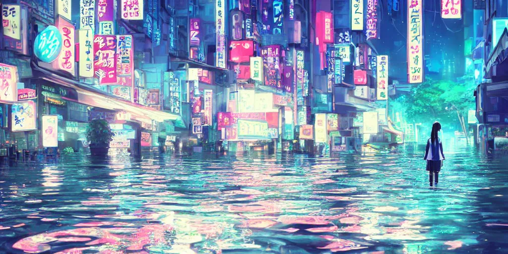 white haired girl walking in a vibrant flooded tokyo | Stable Diffusion ...