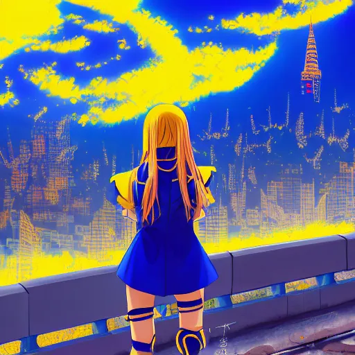 Image similar to anime ukrainian girl, in blue and yellow clothes, watching explosions in big city, concept art, trending on artstation, highly detailed, intricate, sharp focus, digital art, 8 k