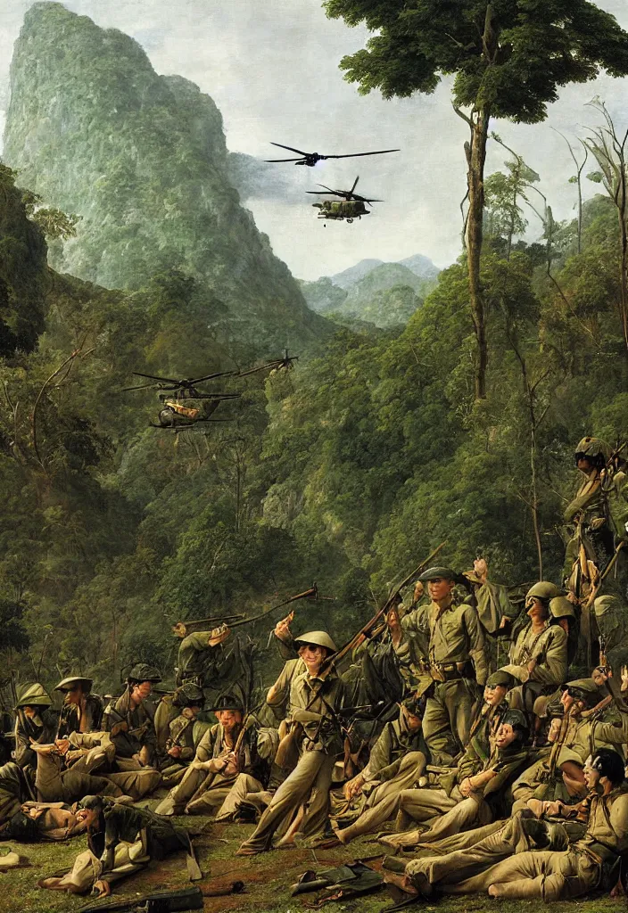 Image similar to vietnam war portrait by jacques - louis david, green jungle, helicopters, battlefield, tanks