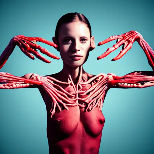 Prompt: striking digital photo of a beautiful four arms female model with an extra pair of arms and four hands. beautiful half - length portrait, cool background, photorealistic, surreal anatomy