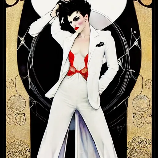 Image similar to beautiful portrait of androgynous ruby rose as desire from sandman in a white tuxedo!!!, rockabilly style, by alphonse mucha, cedric peyravernay, by jeremy mann, by frank moth, white suit and black tie, soft lightning, high detailed, 8 k