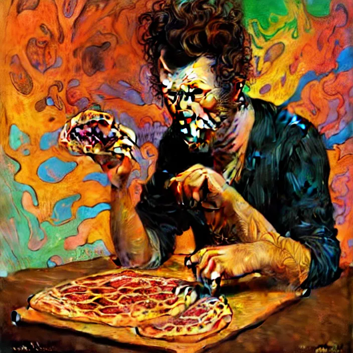 Image similar to bright psychedelic portrait of tom waits baking pizza, diffuse lighting, fantasy, intricate, elegant, highly detailed, lifelike, photorealistic, digital painting, artstation, illustration, concept art, smooth, sharp focus, art by John Collier and Albert Aublet and Krenz Cushart and Artem Demura and Alphonse Mucha