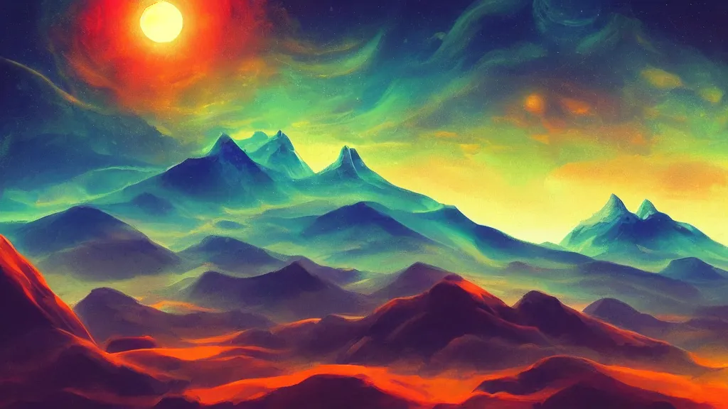 Prompt: a psychedelic illusion mountain scenery, moody, space, colorful, sun, artstation, digital art.