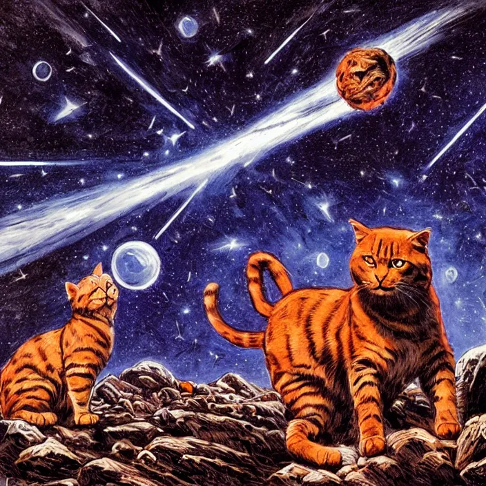 Image similar to cinematic humans praying to a giant cat god while there is a meteor shower that threatens to extinguish the world, dramatic pose, beautiful lighting, sharp details, hyper - detailed, hd, hdr, 4 k, 8 k, art by basil gogos