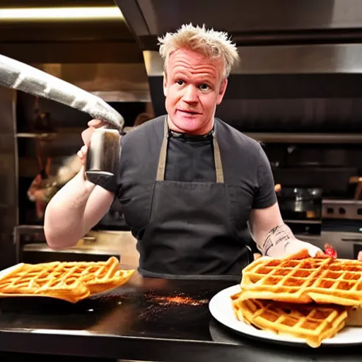 Prompt: Gordon Ramsey cooking a unicorn in a intricate wafflehouse kitchen 4k