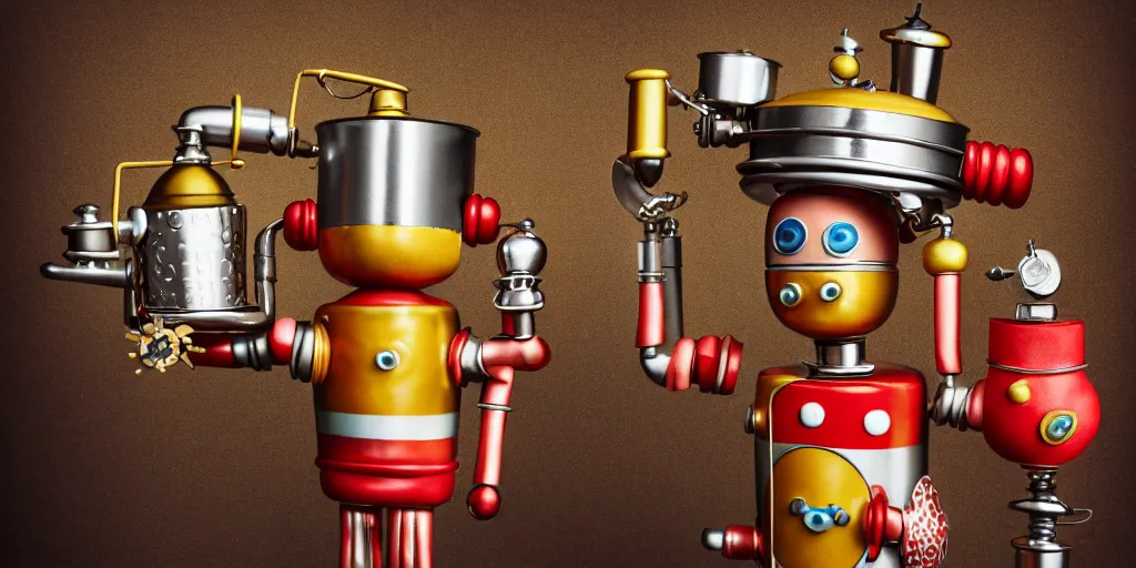 Image similar to closeup portrait of tin toy retro robot chef with flasks in a kitchen, cooking pastry with flasks, depth of field, zeiss lens, detailed, centered, fashion photoshoot, by nicoletta ceccoli, mark ryden, lostfish, breathtaking, 8 k resolution, extremely detailed, beautiful, establishing shot, artistic, hyperrealistic, octane render