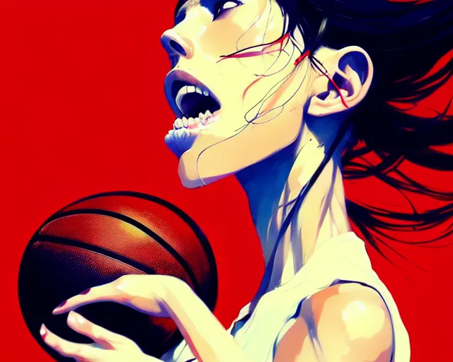 Image similar to a ultradetailed beautiful panting of a stylish woman dribbling a basketball, by conrad roset, greg rutkowski and makoto shinkai, trending on artstation