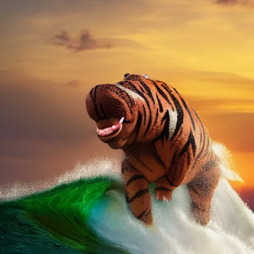 Image similar to a closeup photorealistic photograph of a cute smiling knitted tiger hippopotamus riding an epic wave at sunset. surf in the background. professional capture. brightly lit scene. this 4 k hd image is trending on artstation, featured on behance, well - rendered, extra crisp, features intricate detail, epic composition and the style of unreal engine.