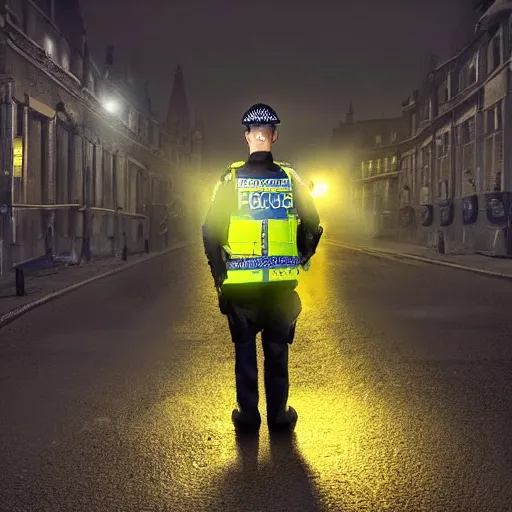 Image similar to A British police officer wearing hivis at night, highly detailed, ambient lighting, trending on art station