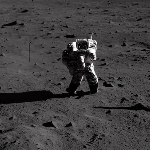 Image similar to space marine wearing armored space suit running into combat on the moon's surface, taken from a camera at eye level