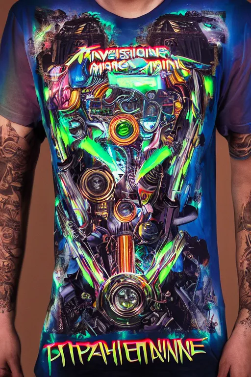 Image similar to a band shirt, printed tshirt with bandname is tripmachine, tourname is invasion of the tripmachines, realistic digital art, 3 d render of a huge futuristic steampunk generator, 8 k, fluorescent colors, halluzinogenic, multicolored, exaggerated detailed, unreal engine