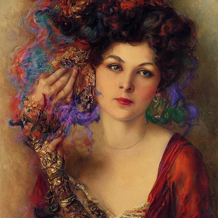 Prompt: portrait of a woman with eyes made of colorful smoke, oil painting , very detailed, painted by William Clarke Wontner.