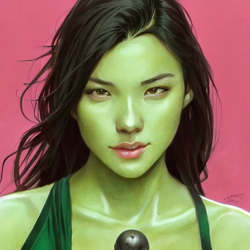 Prompt: portrait of cassandra cain wearing green bra, attractive, casual, modern, victoria's secret, highly detailed, digital painting, artstation, concept art, smooth, sharp focus, illustration, art by artgerm, greg rutkowski and alphonse mucha