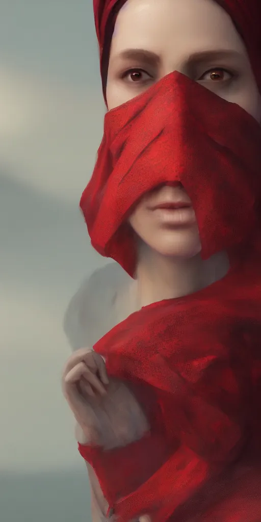 Prompt: woman with cloth covering her whole face, highly detailed, modern, digital art, red color, unreal engine, photorealism, cinematic lighting, 8k photorealistic, dramatic, trending on artstation, by Greg Rutkowski