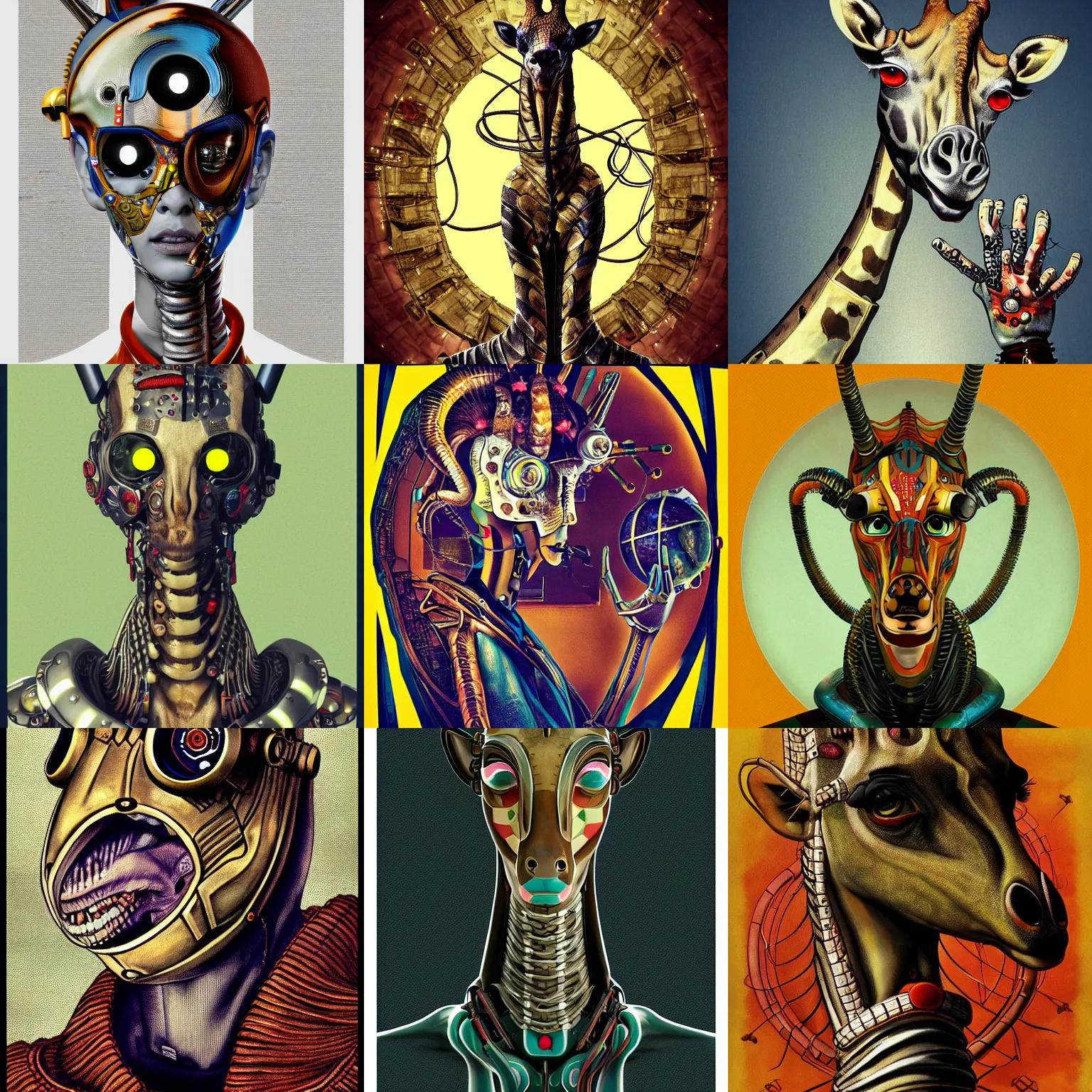 Prompt: a cinematic portrait of a fashionable cyborg alien giraffe that is wearing a cybergoth viking outfit in the style of william blake and norman rockwell, kubrick, escher, subtle junji ito, subtle giger, vivid color scheme, artstation, imdb, 8 k, magnificent, glorious