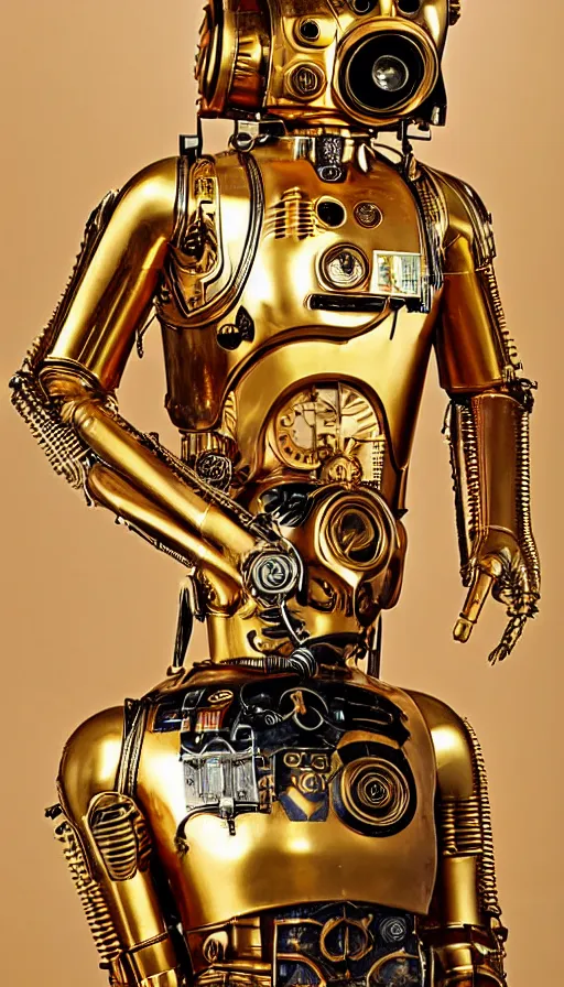 Image similar to steampunk version of c 3 po, promotional photo, studio lighting