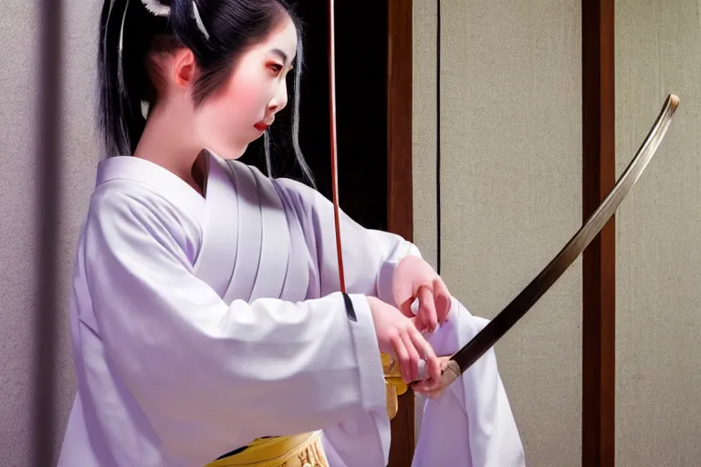 Image similar to beautiful photo of a young modern geisha samurai practising the sword in a traditional japanese temple, mid action swing, beautiful eyes, huge oversized sword, award winning photo, muted pastels, action photography, 1 / 1 2 5 shutter speed, dramatic lighting, anime set style