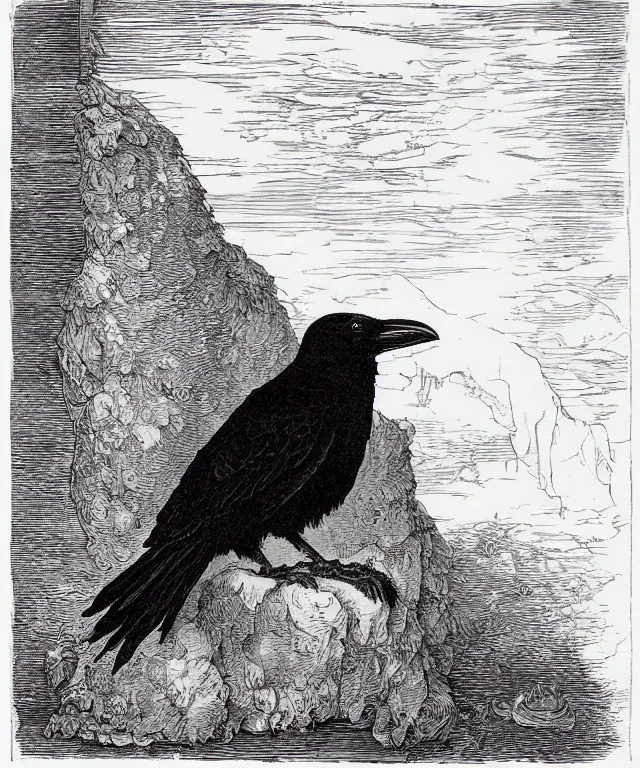 Image similar to raven sitting on a bust of pallas above a door, art by james o barr and albrecht durer and gustave dore, woodblock print, engraved, black and white, vector, vector art