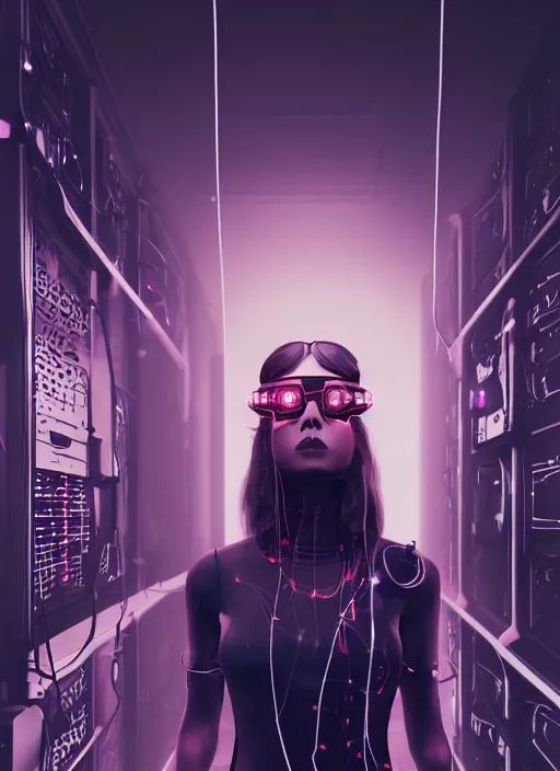 Prompt: portrait of a woman in wires and cyberpunk goggles on her head in a server room in color smoke, symmetrical, art by maciej kuciara, trending on artstation, futurism, dystopian art, 8 k