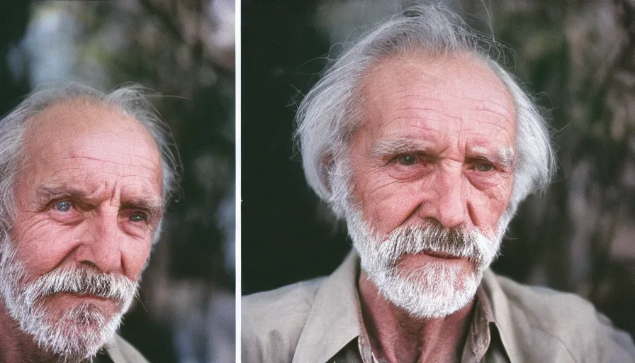 Image similar to 7 0 s movie still of an old man. his skin is full of holes. cinestill 8 0 0 t 3 5 mm technicolor, heavy grain, high quality, high detail