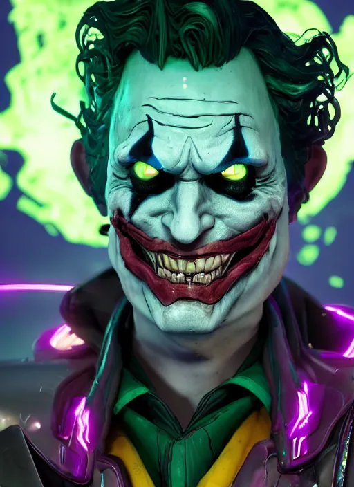 Image similar to glowwave portrait of the joker from borderlands 3, hyper detailed, digital art, trending in artstation, cinematic lighting, studio quality, smooth render, unreal engine 5 rendered, octane rendered, art style by heri irawan and wlop