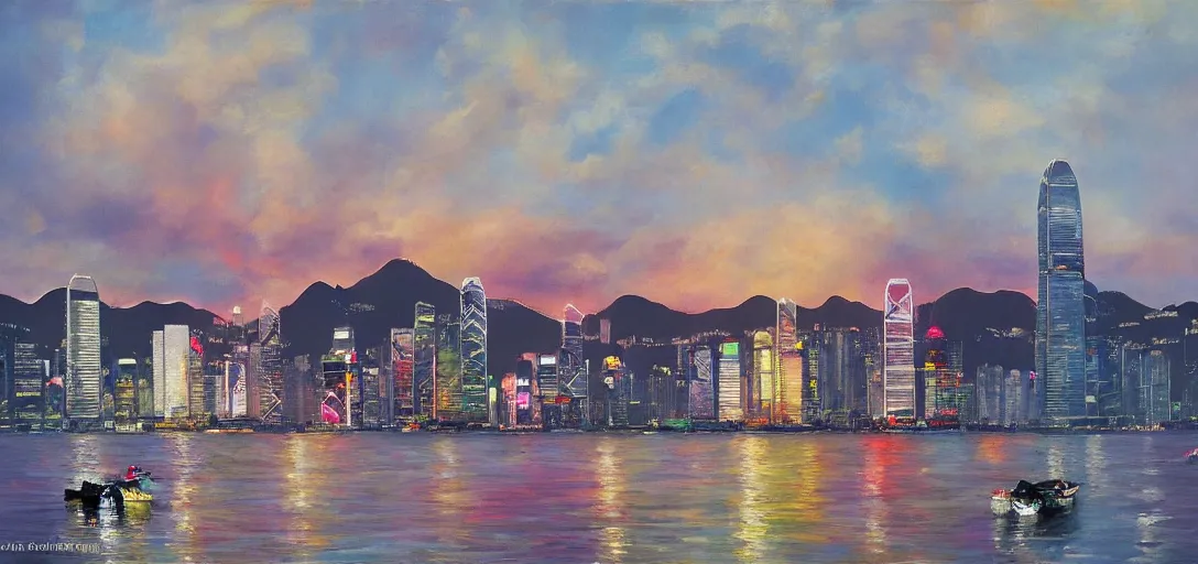 Prompt: Romantic painting of the Hong Kong Skyline