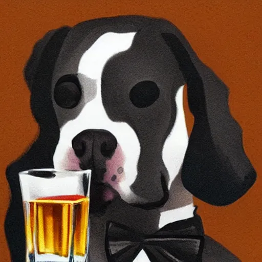 Prompt: a beautiful illustration of a dog in a tuxedo drinking whiskey by rutkowski featured on artstation, studio lighting
