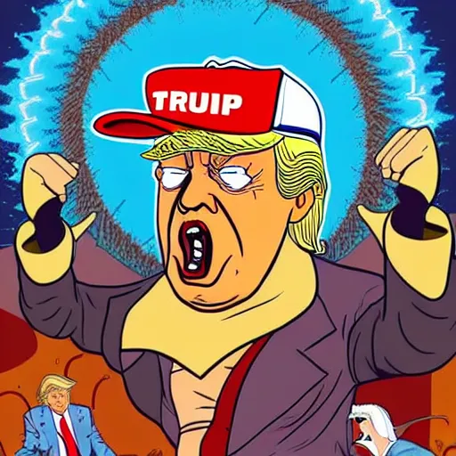 Prompt: donald trump with a third eye living in an extradimensional reality, in the style of goof troop, illustration, epic, fantasy, hyper detailed, smooth