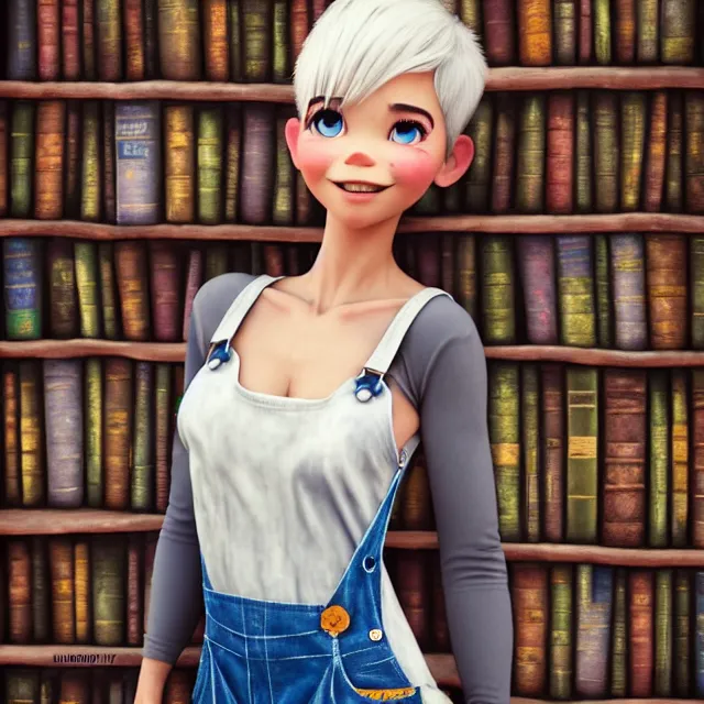 Image similar to full body pose, beautiful adult book fairy, pixar, short white hair shaved sides, dirty, grungy, grunge, long sleeve, painted overalls, stacks of giant books, highly detailed, 4 k, hdr, smooth, sharp focus, high resolution, award - winning photo, artgerm, photorealistic