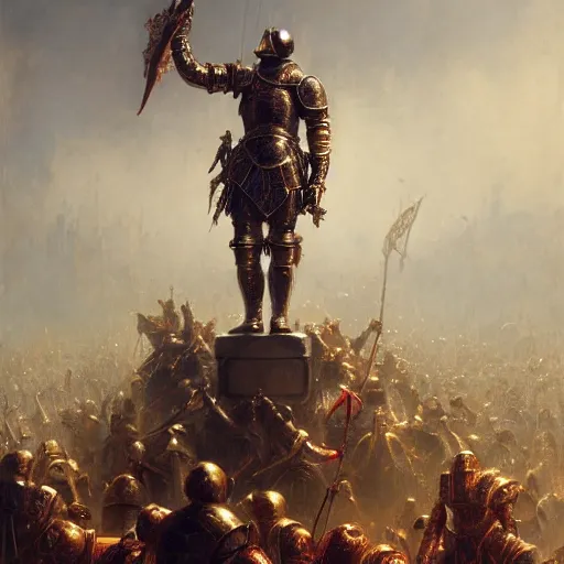 Image similar to artstation concept of a man in armor standing in a crowd gettig cheered, bright colorful, gold, hyperdetailed, artstation trending, world renowned artists, worth 1 0 0 0. com, historic artworks society, antique renewel, cgsociety, by greg rutkowski, by gustave dore, deviantart