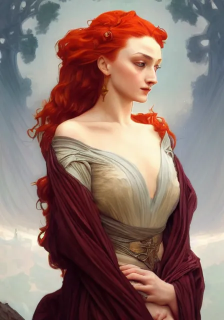 Image similar to sansa fire queen fire fire, intricate, elegant, highly detailed, digital painting, artstation, concept art, smooth, sharp focus, illustration, art by artgerm and greg rutkowski and alphonse mucha and william - adolphe bouguereau