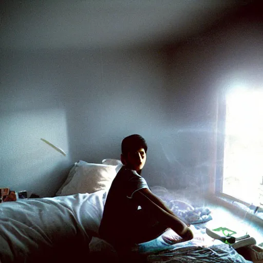 Image similar to masterpiece portrait of a photogenic cinegenic mexican teenager, chaotic teenage bedroom, bokeh, sunny day, heat haze, perfect framing, smoke, dust particles, interior shot, f2, anamorphic lens, great photographers, best photos of all times, 2004