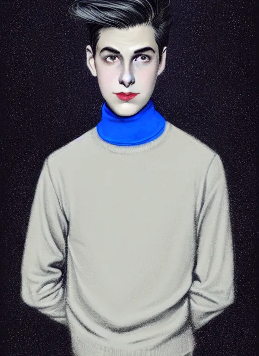 Image similar to portrait of teenage jughead jones wearing a light grey crown, crown, blue turtleneck, 1 9 5 0 s, closed eyes, photorealistic, black hair, glowing lighting, intricate, elegant, glowing lights, highly detailed, digital painting, artstation, concept art, smooth, sharp focus, illustration, art by wlop, mars ravelo and greg rutkowski